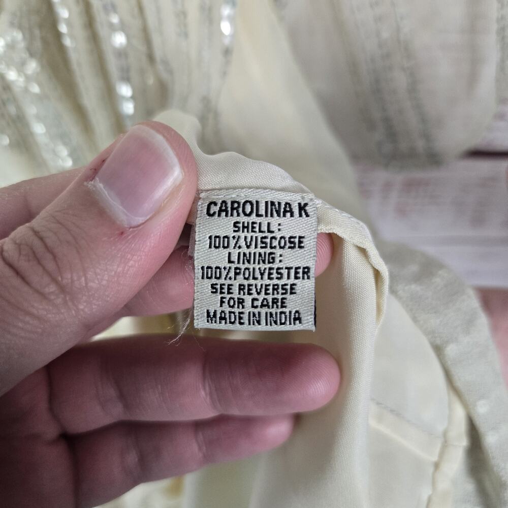 Carolina K Sequin Dress M Cream Cottagecore Sheer Sleeve Ruffle Tier Fairy Glam - Picture 8 of 15